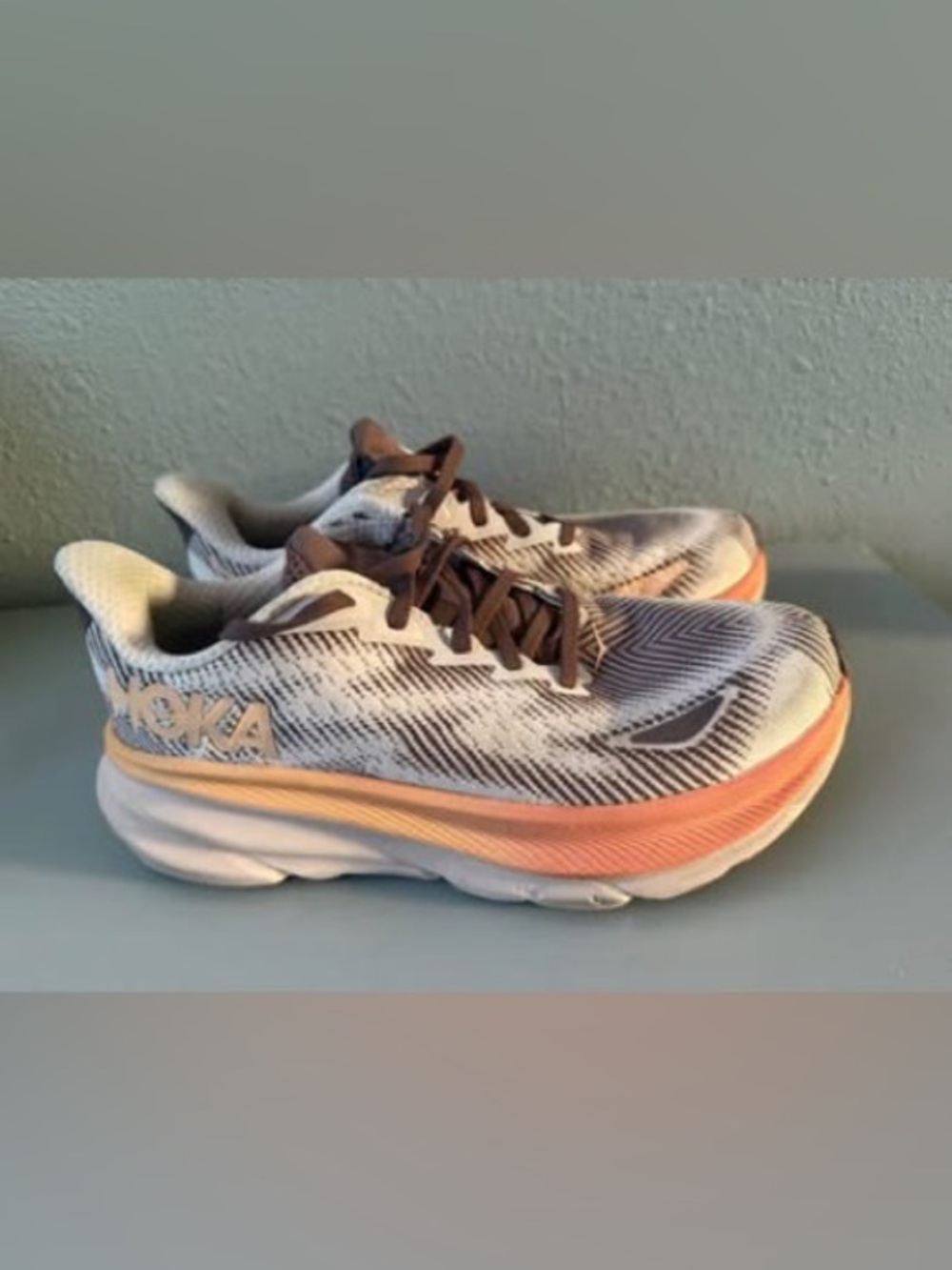 Hoka One One Clifton 9 Gtx Running Shoes in White, Brown & Coral